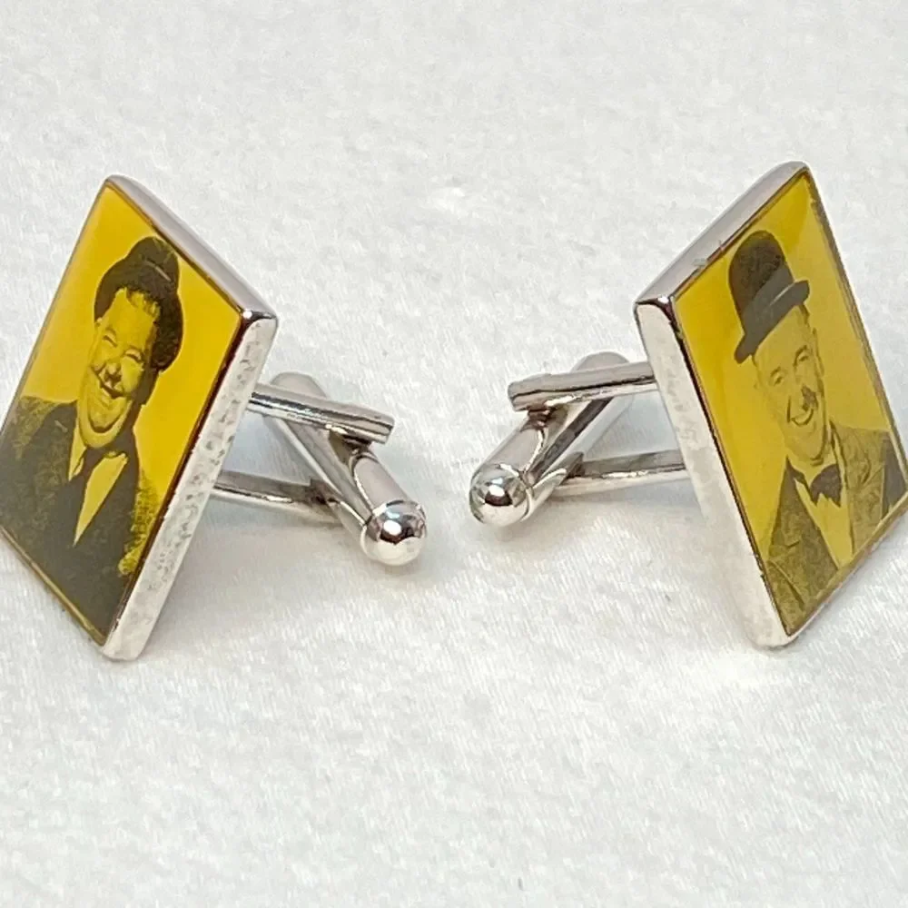 💎Laurel And Hardy Photos Face Cuff Links In Silver Tone Metal Toggle Posts